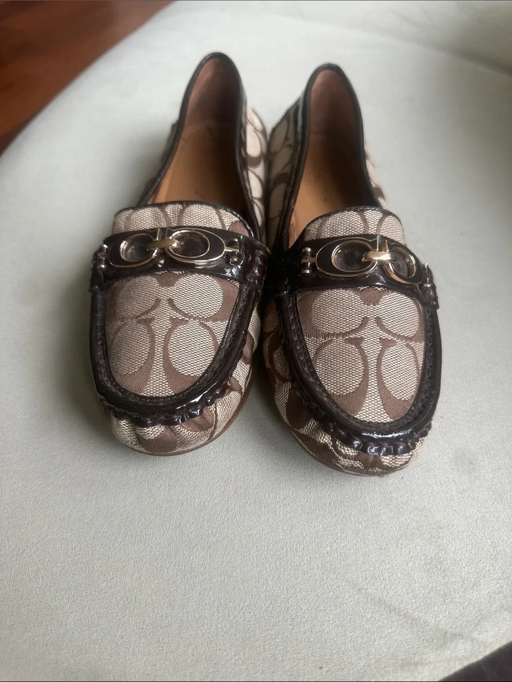 Coach Beige and Brown Signature Canvas Loafers with Gold Accent